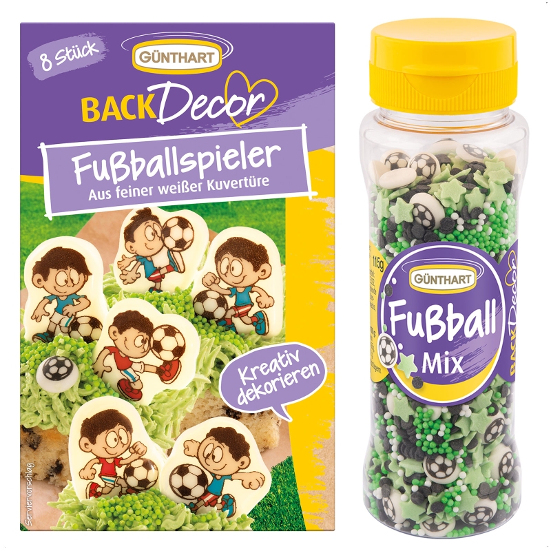 BackDecor Fußball Set 8 essbare Schoko Fußballer aus weißer Schokolade und Fußball Streusel Mix aus Zucker 