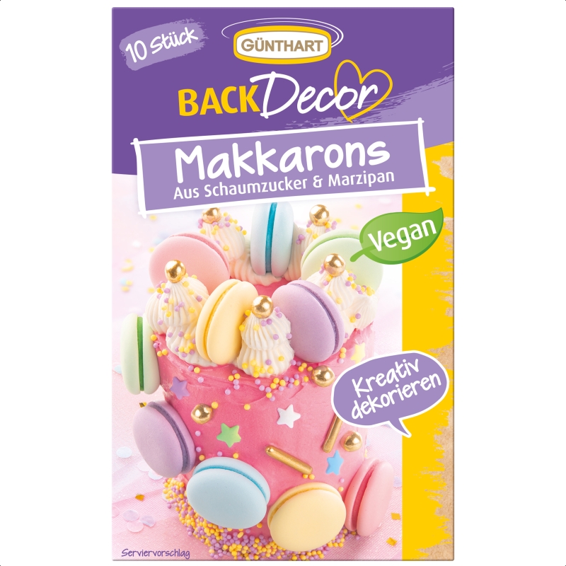 Günthart 10 bunte Makkarons vegan in rosa, gelb, grün, blau, lila 