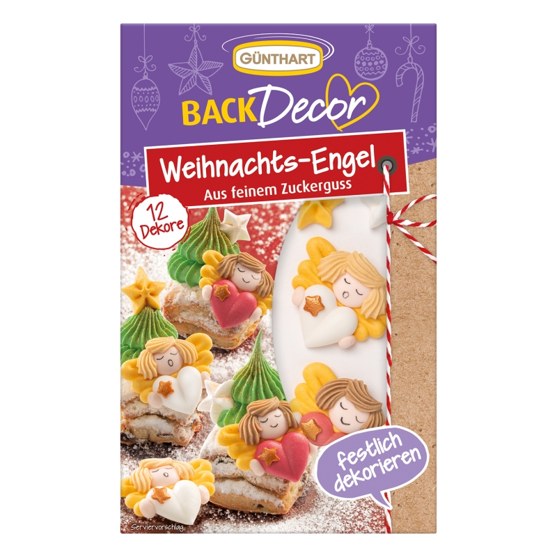 12 essabre Dekore als Weihnachtsengel in zwei Varianten und Sterne aus feinem Zuckerguß 