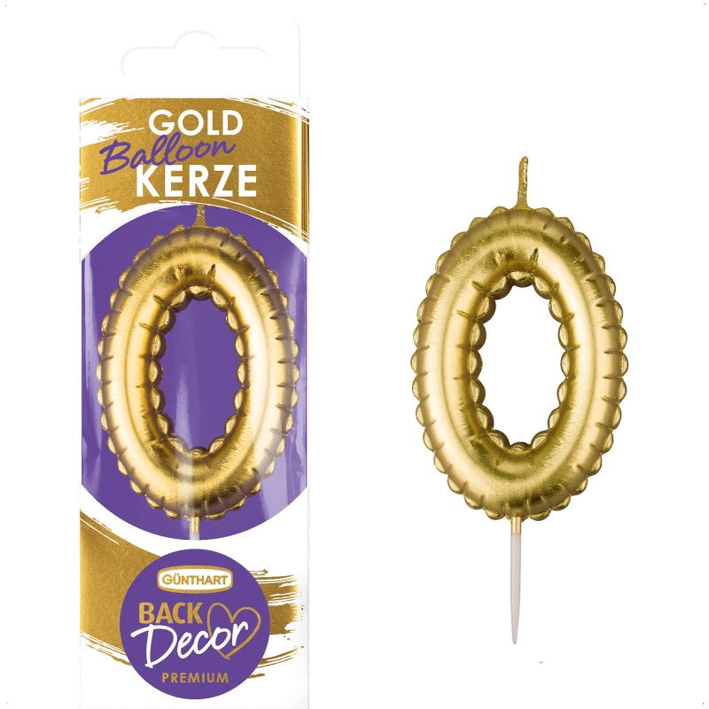 Backdecor Wachskerze gold in Ballon Form mit der Nr. 0 für festliche Tortendekorationen 