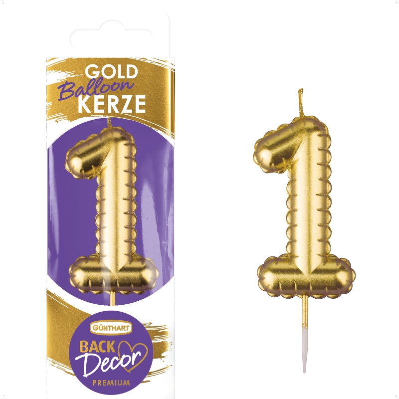 Backdecor Wachskerze gold in Ballon Form mit der Nr. 1 für festliche Tortendekorationen 
