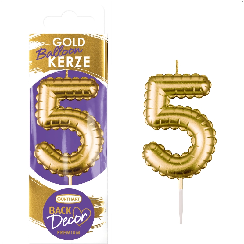 Backdecor Wachskerze gold in Ballon Form mit der Nr. 5 für festliche Tortendekorationen 