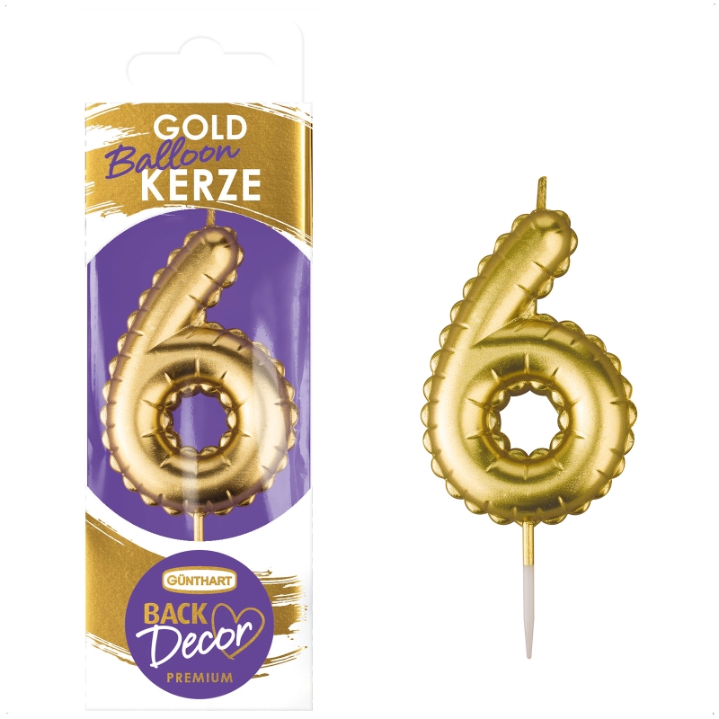 Backdecor Wachskerze gold in Ballon Form mit der Nr. 6 für festliche Tortendekorationen 