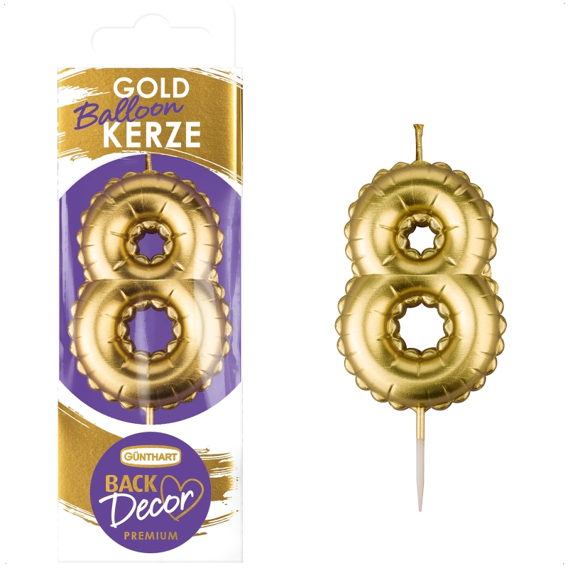 Backdecor Wachskerze gold in Ballon Form mit der Nr. 8 für festliche Tortendekorationen 