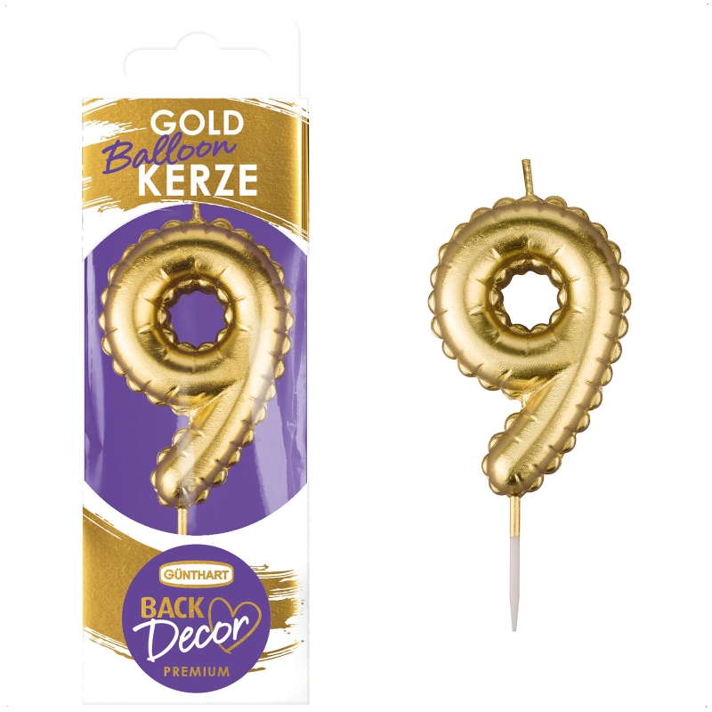 Backdecor Wachskerze gold in Ballon Form mit der Nr. 9 für festliche Tortendekorationen 