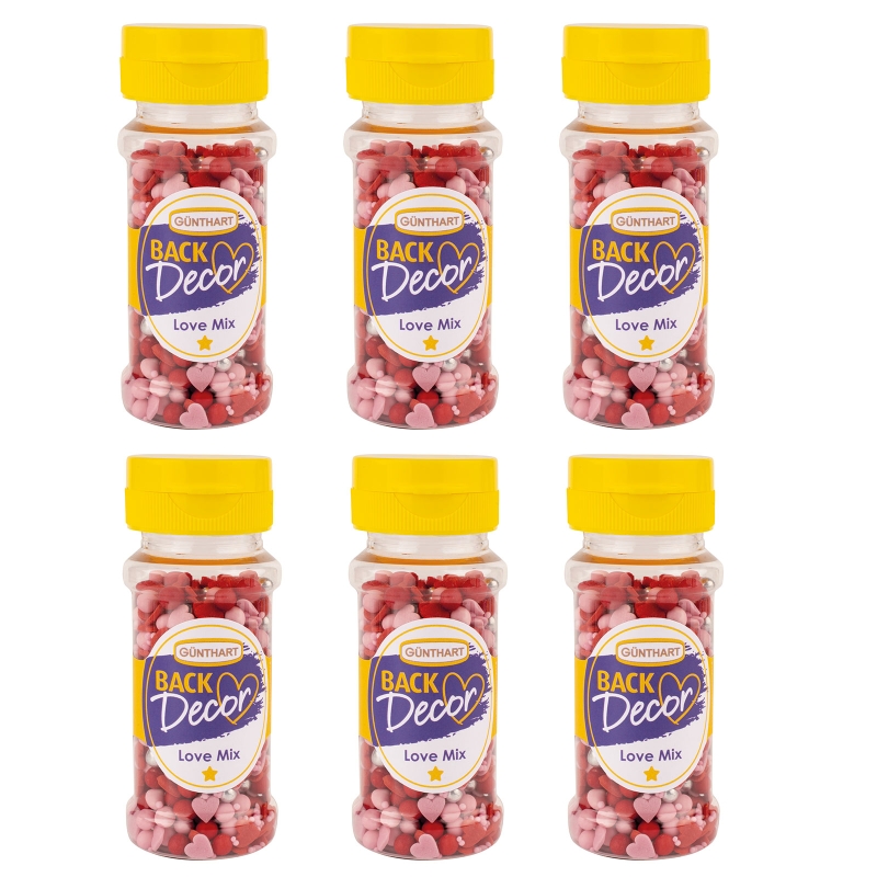Günthart BackDecor 6 Stück Streudeko Love Mix Zuckerstreudekor mit kleinen Zuckerherzen 360 gr 