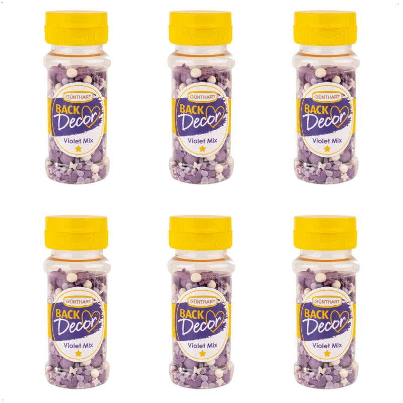 BackDecor 1 x VKE mit 6 Stück Streudekor, Violet Mix 60 gr je Dose in Lila, Weiß und Silber 