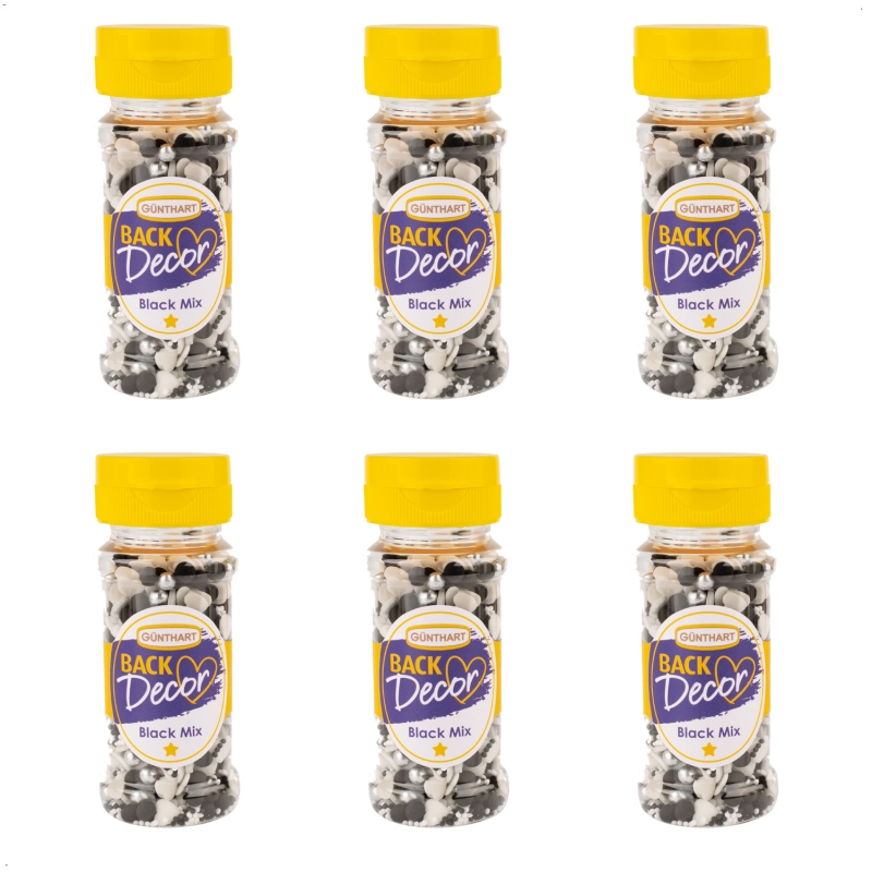 BackDecor 6 Stück Streudekor, Black Mix 60 gr je Dose in den Farben Schwarz, Weiß, Grau und Silber 