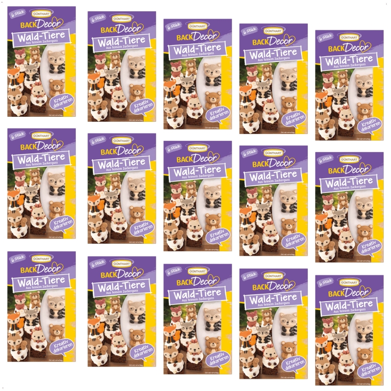 BackDecor 1 VKE 15 x 6 Stück essbare Farm Zuckerdekore als Igel, Eichhörnchen, Fuchs, Waschbär, Reh und Bär 