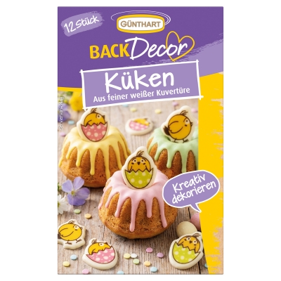 BackDecor 12 Stück Schokoladenfiguren Küken in rosa grün gelb braun weiß für kreative Tortendekoration, 1er Set (12 gr) 