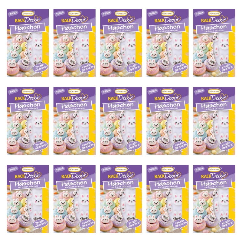 BackDecor 15 x 9 Stück Zucker Häschen Gesicht in verschiedenen Varianten weiß für Ostergebäck und süße Dekoration 