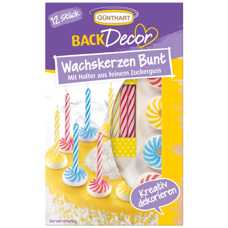 BackDecor 12 bunte Wachskerzen mit Zuckerkerzenhalter - langsam abbrennend 