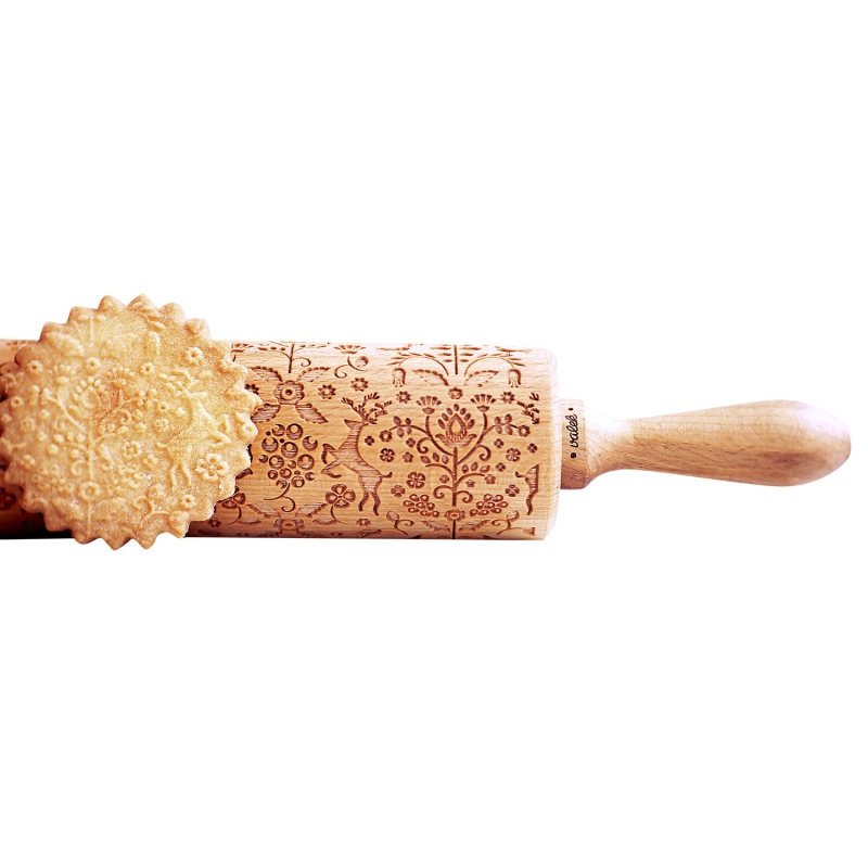 Holz Teigroller mit Beeren & Rentiere Prägung 