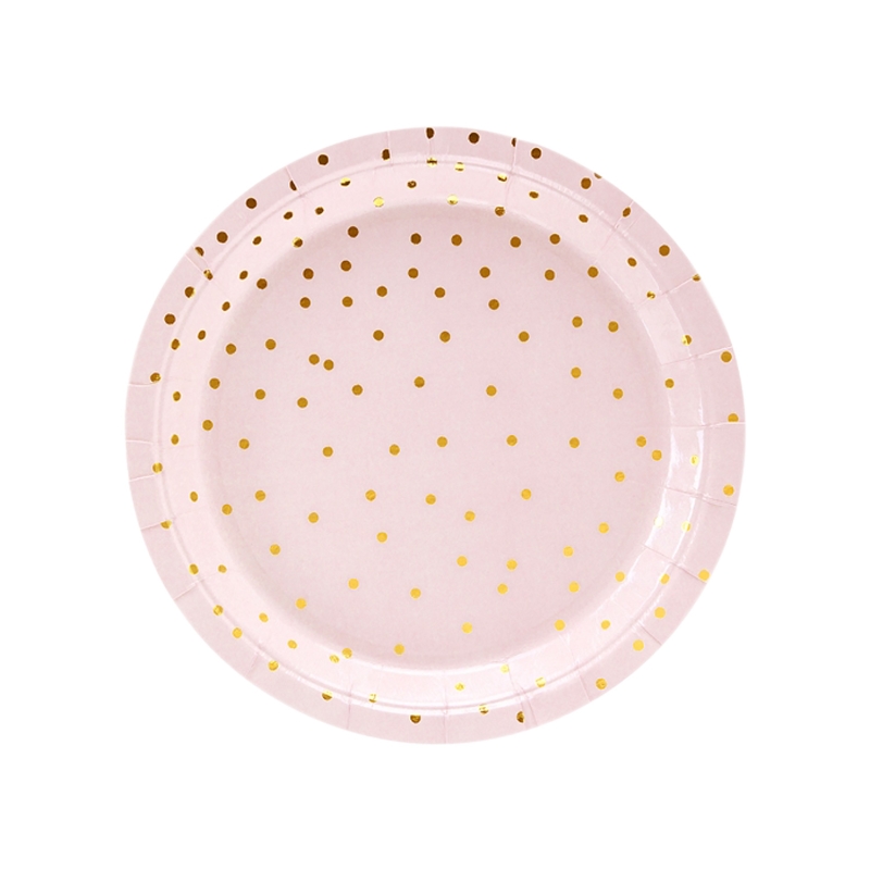 6 rosa Pappteller mit Goldpunkten 