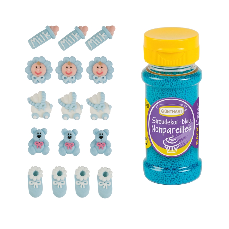 Zuckerfiguren für Taufe & Babyparty  blau mit Streudeko 