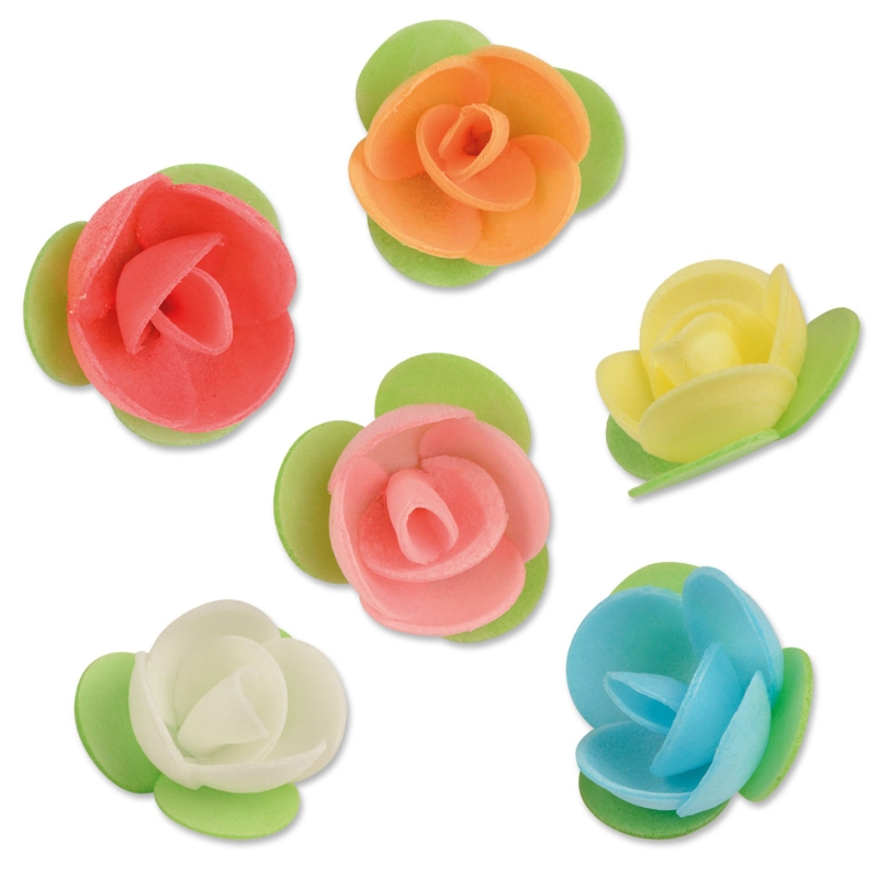 150 Stück Oblaten Rosen bunt in 6 Farben orange, gelb, rot, rosa, blau, grün, weiss 
