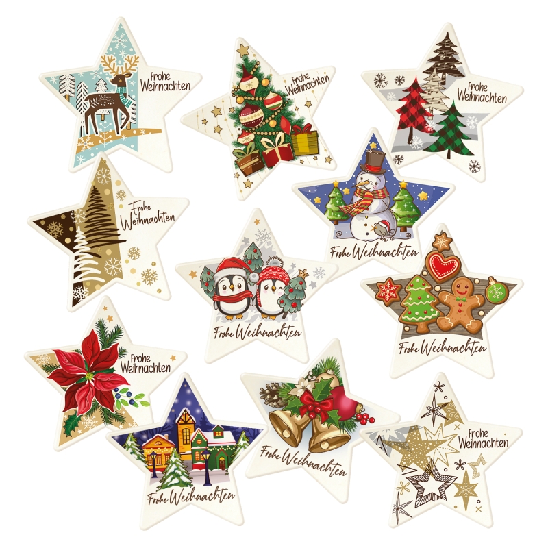 12 Stück Dekor Sterne "Frohe Weihnachten", mit verschiedenen Motiven 