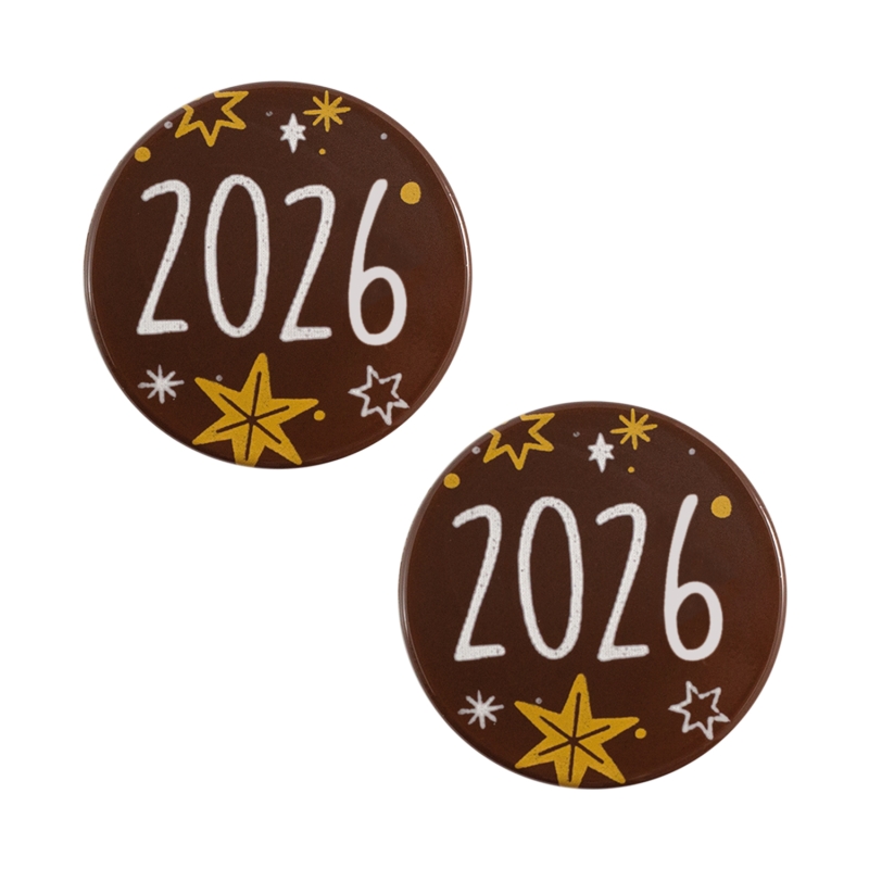 135 Stück Neujahr, Silvester Aufleger mit Aufschrift 2026 aus dunkler Schokolade 