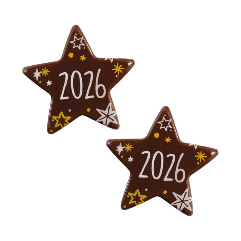 84 Stück Neujahr, Silvester Aufleger als Stern mit Aufschrift 2026 aus dunkler Schokolade 
