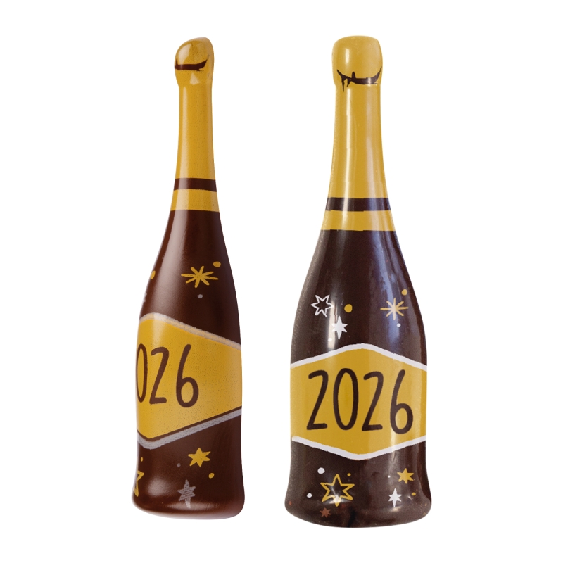 48 Stück Neujahr, Silvester Aufleger als Champagner Flasche mit Aufschrift 2026 aus dunkler Schokolade 