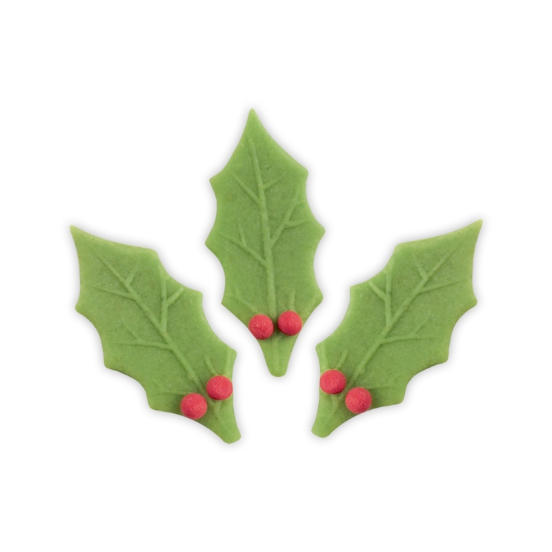 100 Ilexblätter mit Beeren, aus Marzipan 