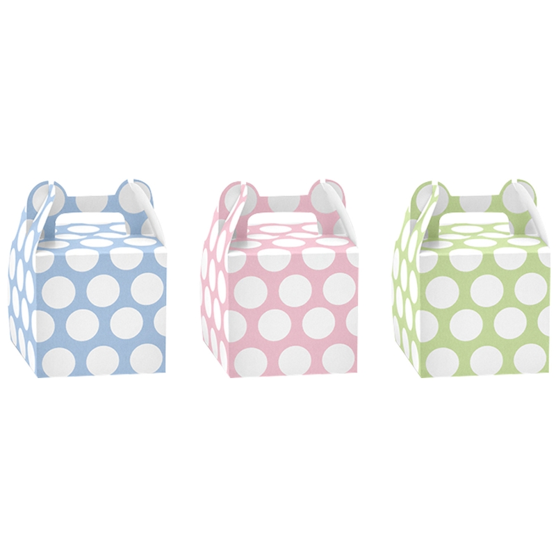 6 Geschenkboxen Pastell, rosa/blau/grün, gepunktet 