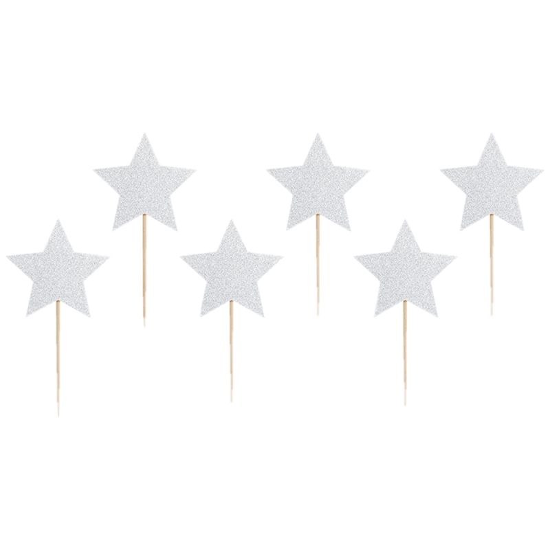 6 Cupcake Einstecker Sterne, silberglitter 