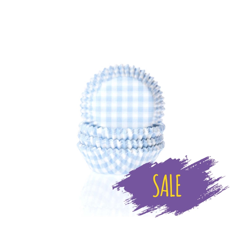 60 Mini Muffinförmchen, hellblau weiß kariert 