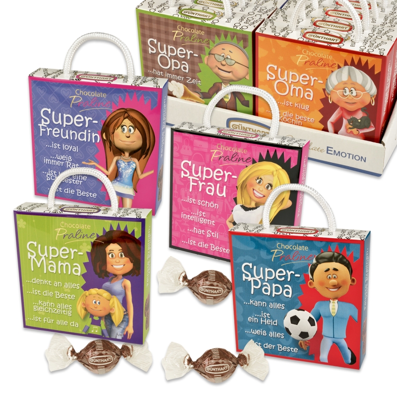 Günthart 12 Stück Pralinenbox Superfamily Täschchen rot blau rosa braun schwarz grün lila orange 