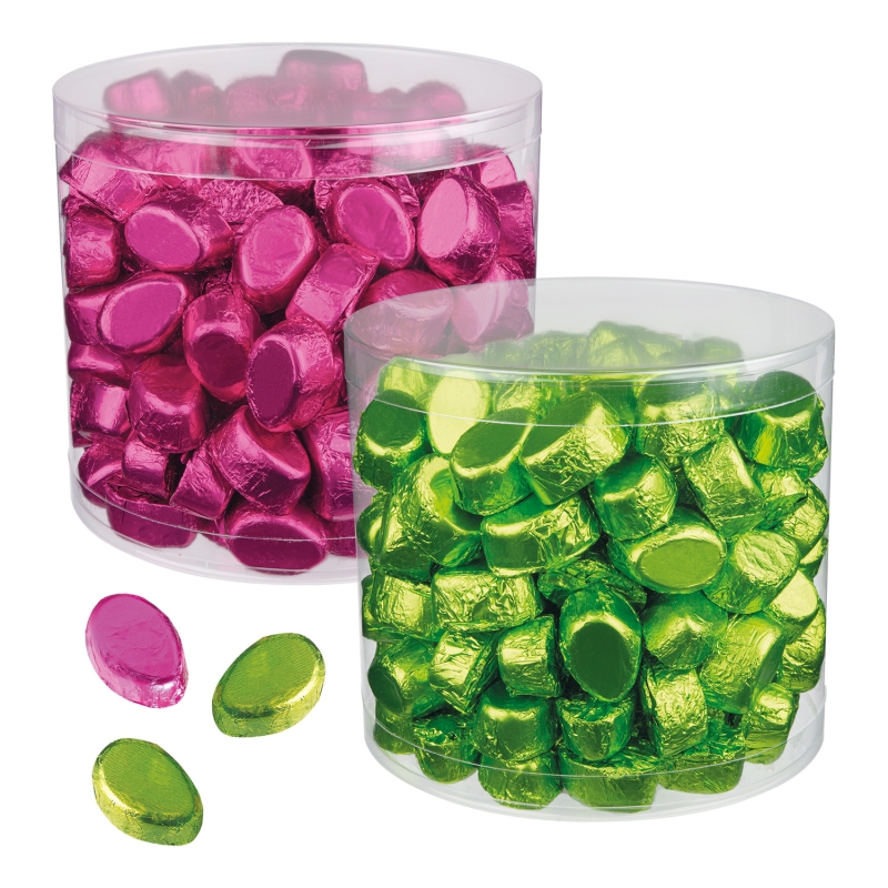 2 Dosen zu je 135 Pralineneier grün und rosa aus Schokolade 