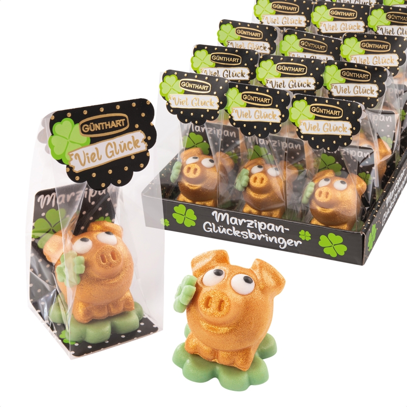 15 Stück Marzipan-Schweinchen gold auf Kleeblatt im Cellophanbeutel 