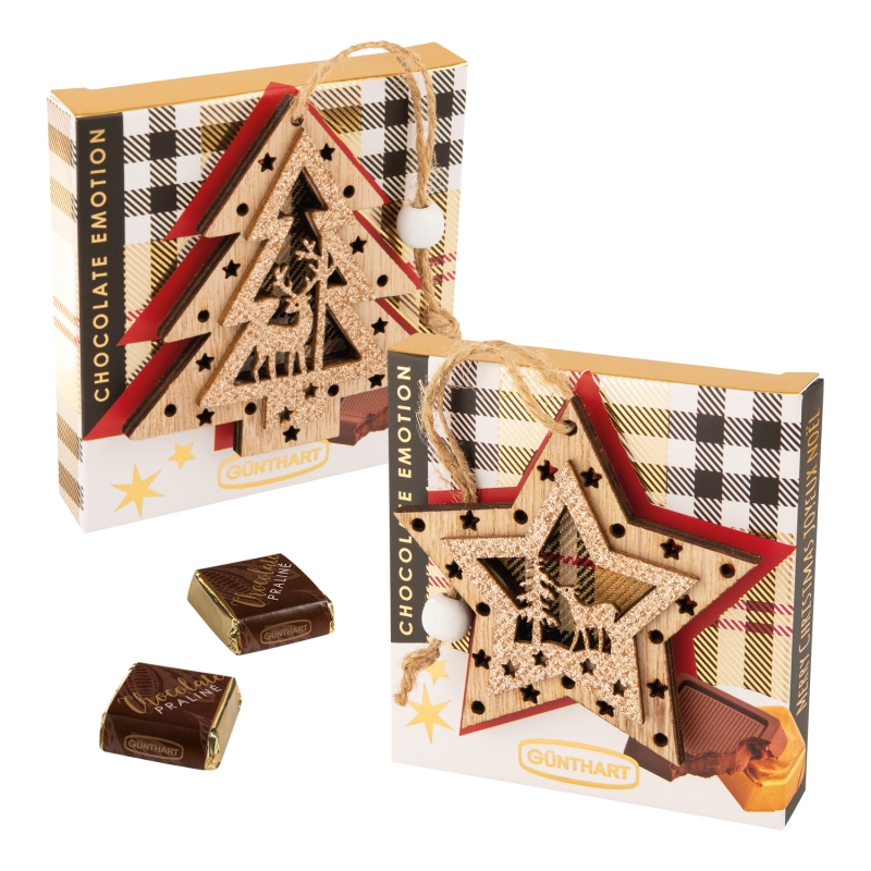 10 Stück Pralinenpräsent mit Holzstern und Holztannenbaum Dekoration 