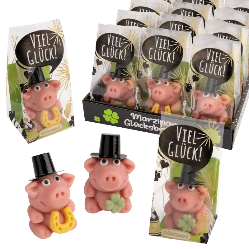 Günthart 15 Stück Marzipan Schwein mit Zylinder und Hufeisen für Neujahr und Glücksdeko 