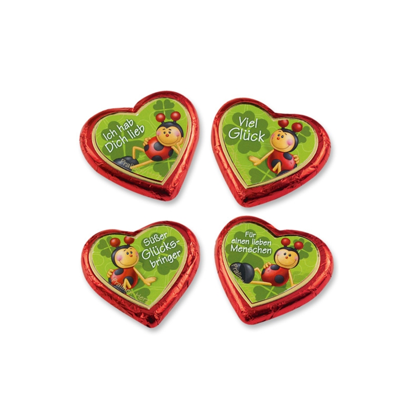 4 große Pralinenherzen mit Käfermotiven 