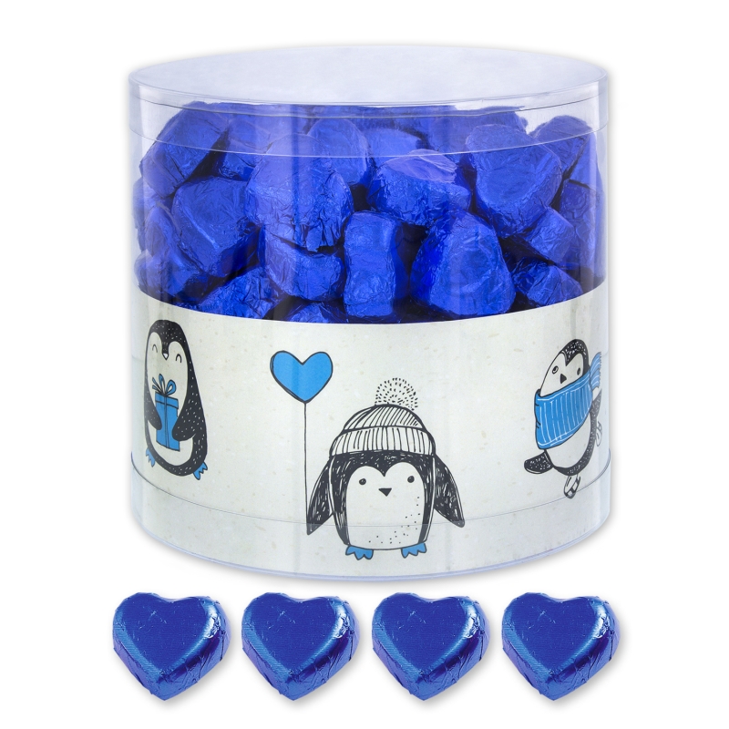 Günthart 1 Box gefüllt mit 150 Schokolade Herzen, blau | Pinguine 