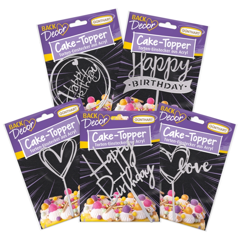 BackDecor 5er SET Cake Topper aus Acryl, SILBER, gemischt 