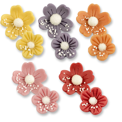 90 Sück Marzipan Blumen groß & klein in 4 Farben 
